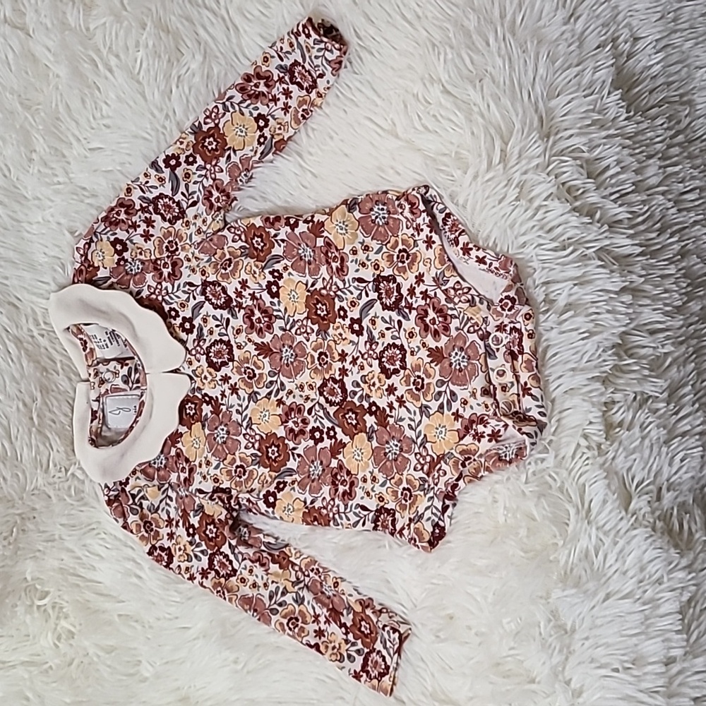 JOIE Girls Brown & Cream Floral Long Sleeve Collared‎ Bodysuit - Size 6-9M
